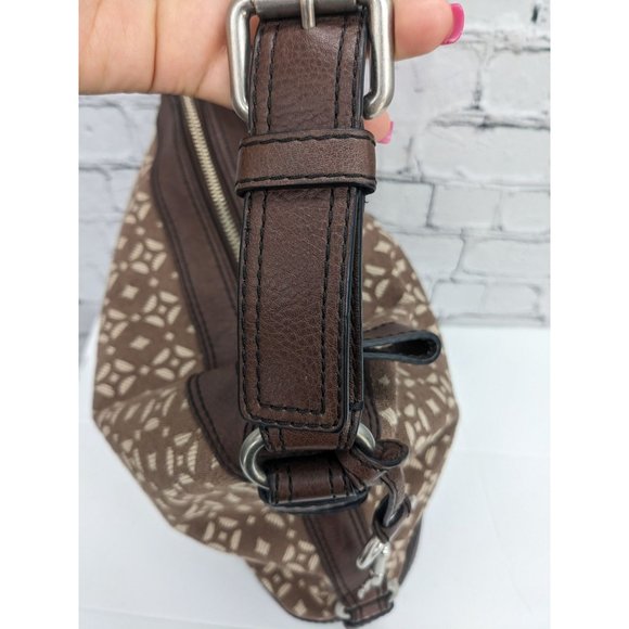 Fossil Maddox Jacquard Brown Geometric Pattern Leather Bucket Bag - Picture 15 of 16